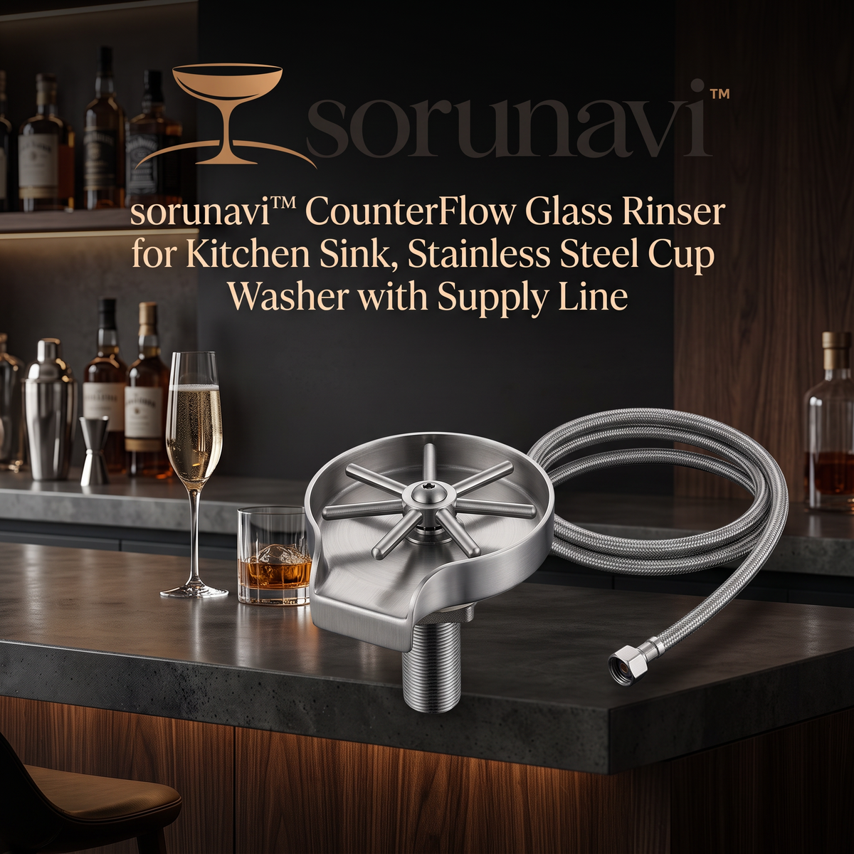 sorunavi™ CounterFlow Glass Rinser for Kitchen Sink, Stainless Steel Cup Washer with Supply Line