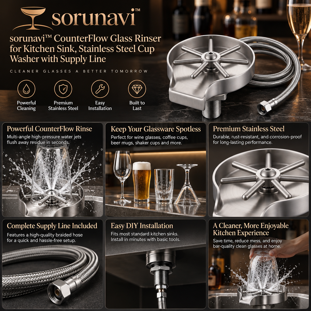 sorunavi™ CounterFlow Glass Rinser for Kitchen Sink, Stainless Steel Cup Washer with Supply Line