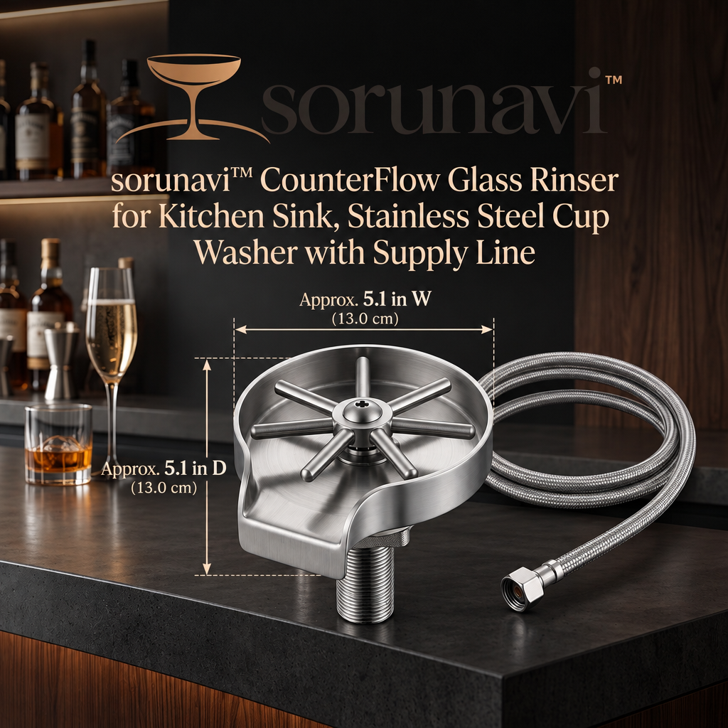 sorunavi™ CounterFlow Glass Rinser for Kitchen Sink, Stainless Steel Cup Washer with Supply Line