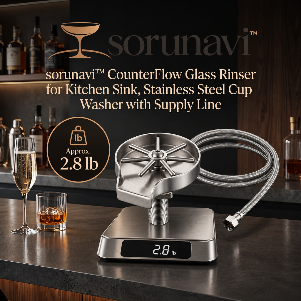 sorunavi™ CounterFlow Glass Rinser for Kitchen Sink, Stainless Steel Cup Washer with Supply Line