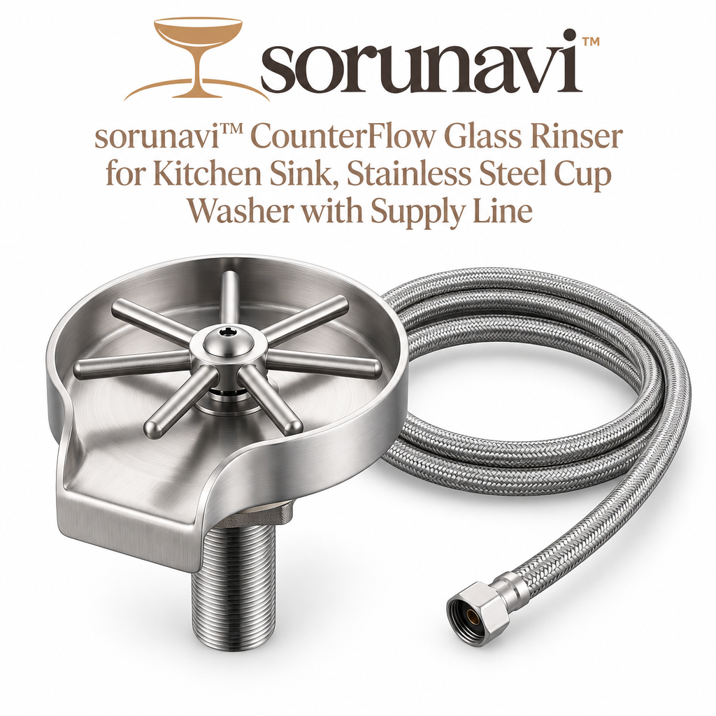sorunavi™ CounterFlow Glass Rinser for Kitchen Sink, Stainless Steel Cup Washer with Supply Line