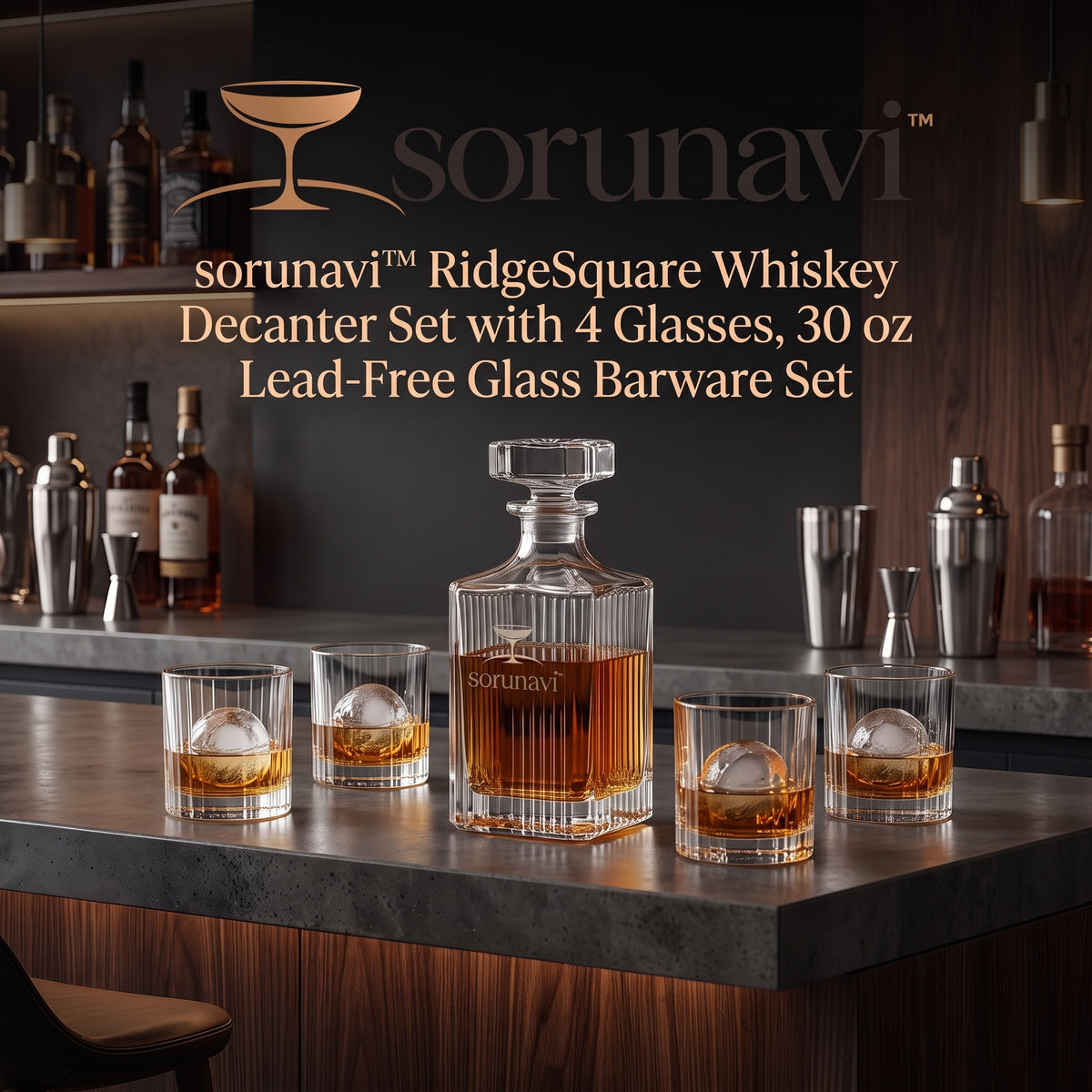 sorunavi™ RidgeSquare Whiskey Decanter Set with 4 Glasses, 30 oz Lead-Free Glass Barware Set