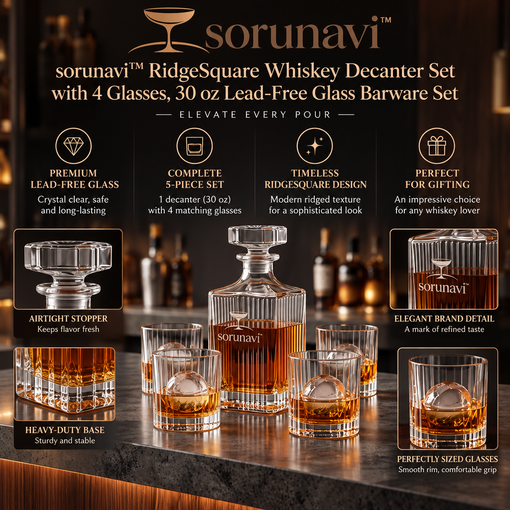 sorunavi™ RidgeSquare Whiskey Decanter Set with 4 Glasses, 30 oz Lead-Free Glass Barware Set