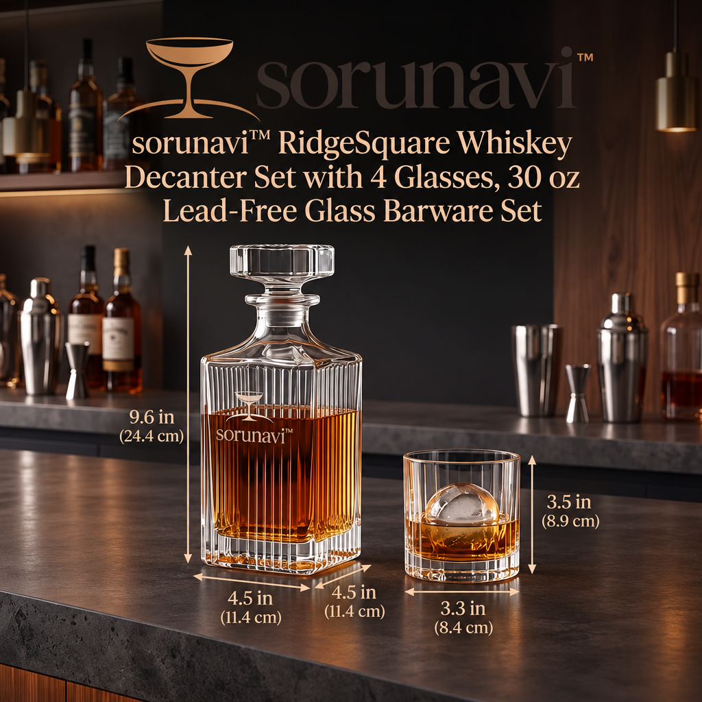 sorunavi™ RidgeSquare Whiskey Decanter Set with 4 Glasses, 30 oz Lead-Free Glass Barware Set