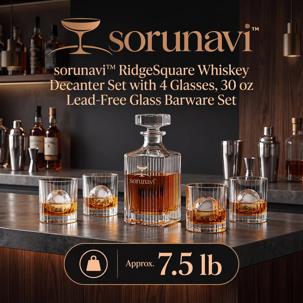 sorunavi™ RidgeSquare Whiskey Decanter Set with 4 Glasses, 30 oz Lead-Free Glass Barware Set