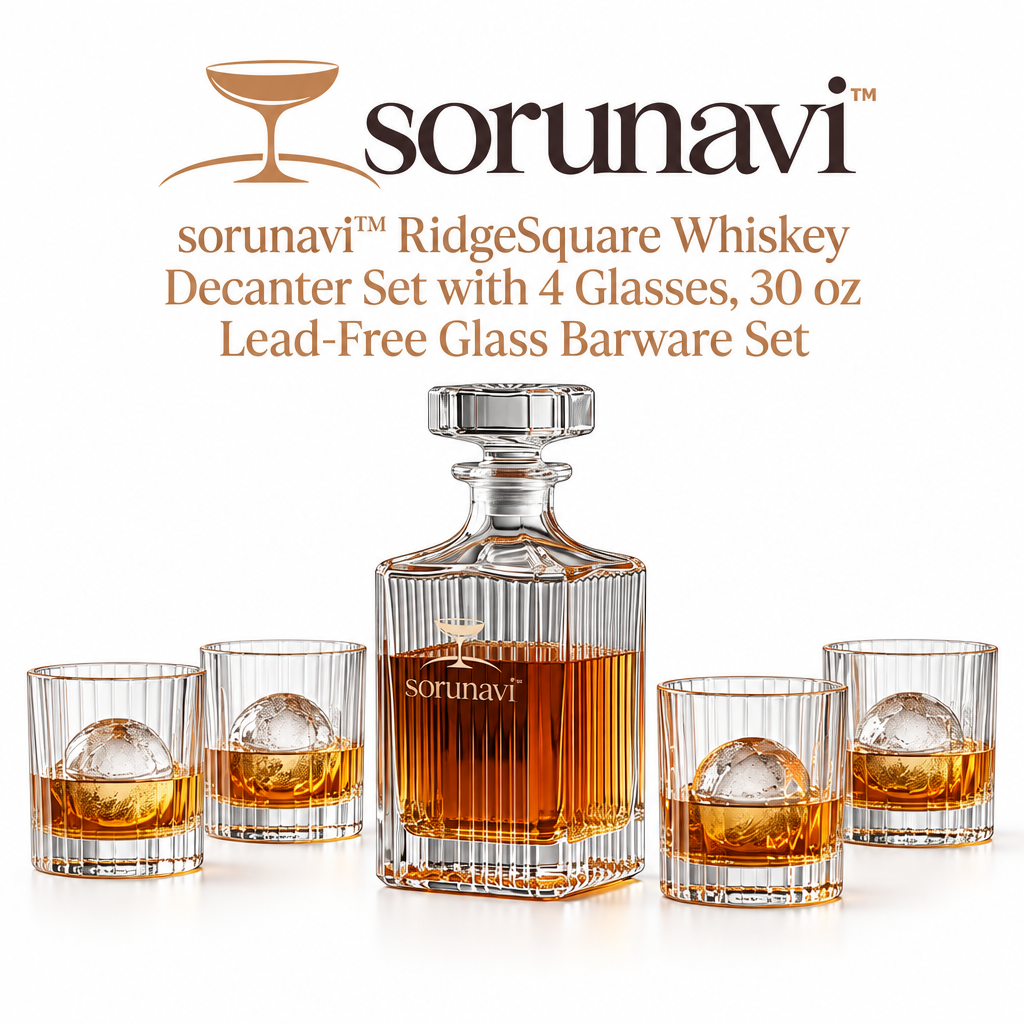 sorunavi™ RidgeSquare Whiskey Decanter Set with 4 Glasses, 30 oz Lead-Free Glass Barware Set