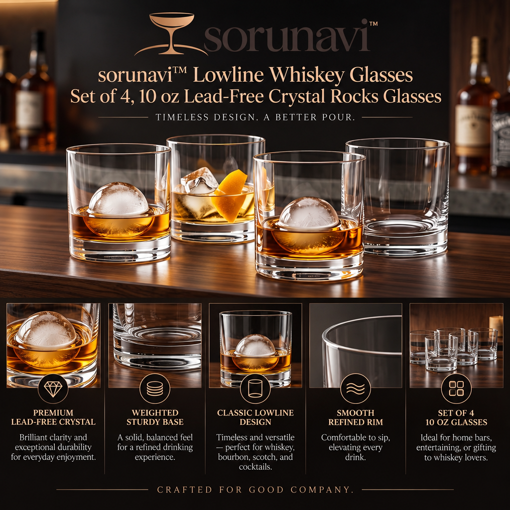 sorunavi™ Lowline Whiskey Glasses Set of 4, 10 oz Lead-Free Crystal Rocks Glasses