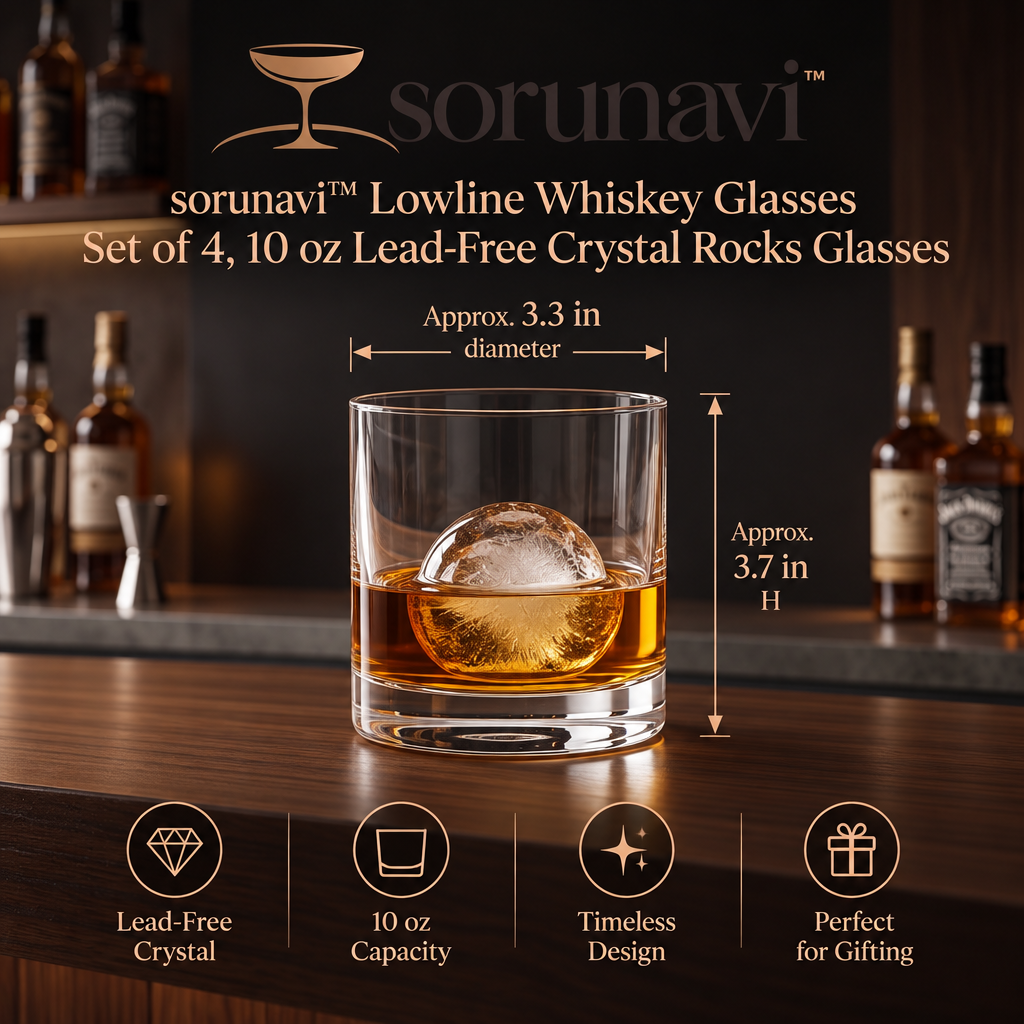 sorunavi™ Lowline Whiskey Glasses Set of 4, 10 oz Lead-Free Crystal Rocks Glasses