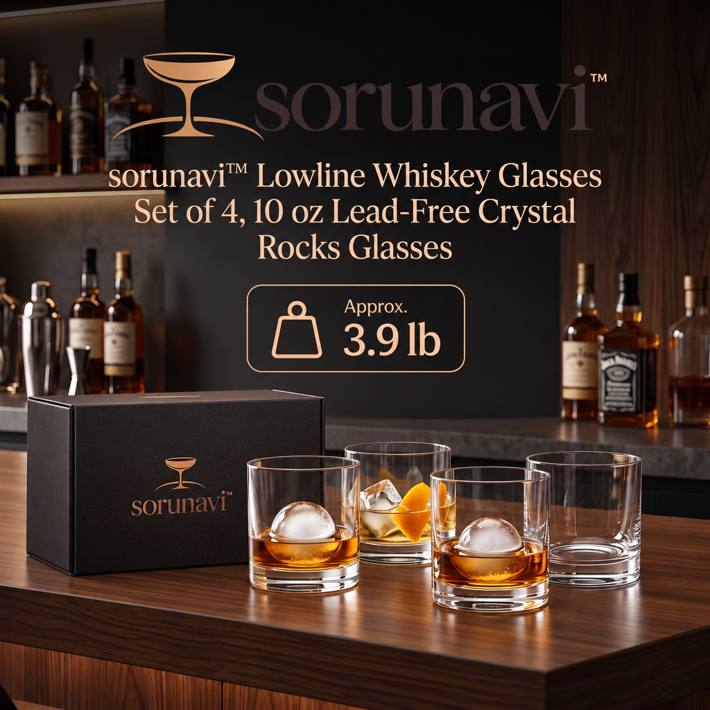 sorunavi™ Lowline Whiskey Glasses Set of 4, 10 oz Lead-Free Crystal Rocks Glasses