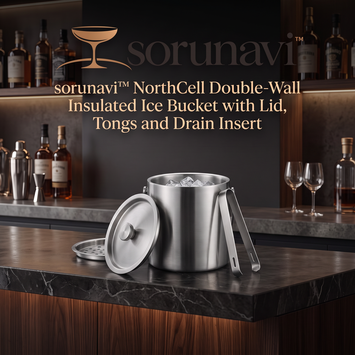 sorunavi™ NorthCell Double-Wall Insulated Ice Bucket with Lid, Tongs and Drain Insert