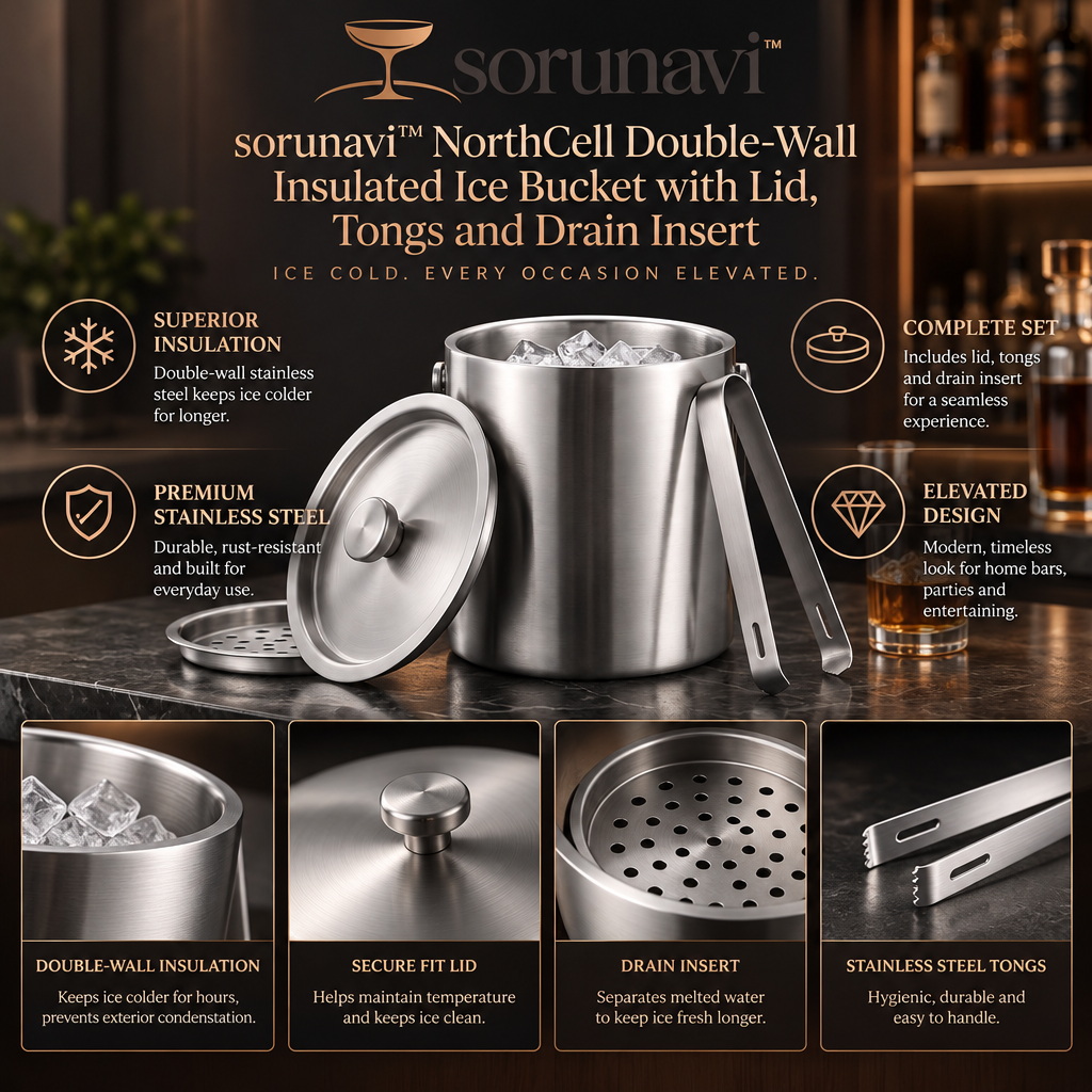 sorunavi™ NorthCell Double-Wall Insulated Ice Bucket with Lid, Tongs and Drain Insert