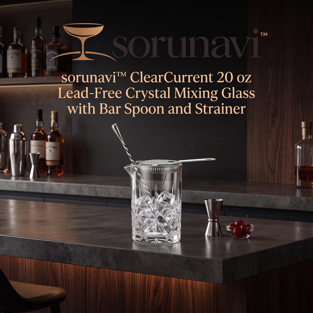 sorunavi™ ClearCurrent 20 oz Lead-Free Crystal Mixing Glass with Bar Spoon and Strainer