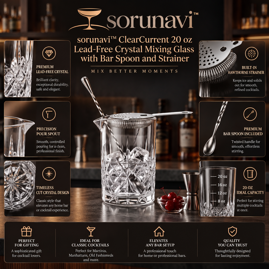 sorunavi™ ClearCurrent 20 oz Lead-Free Crystal Mixing Glass with Bar Spoon and Strainer