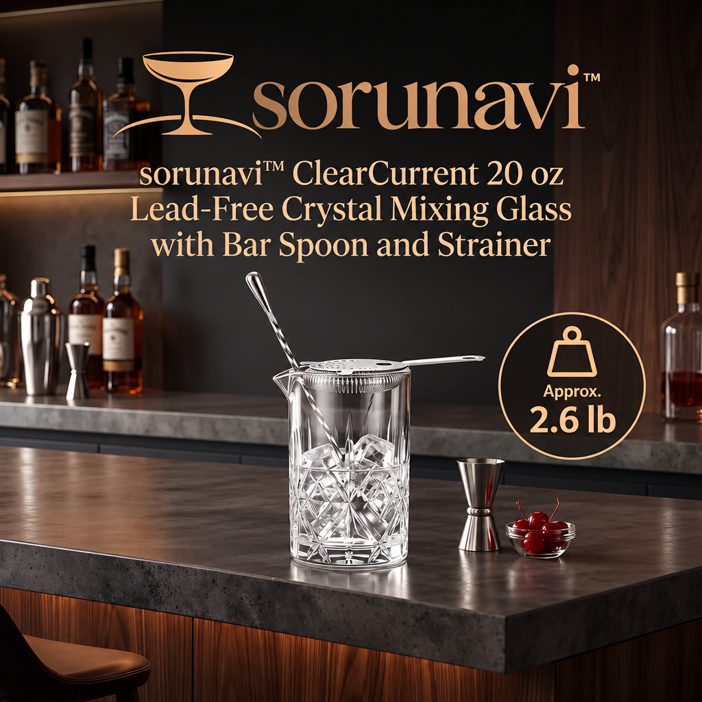 sorunavi™ ClearCurrent 20 oz Lead-Free Crystal Mixing Glass with Bar Spoon and Strainer