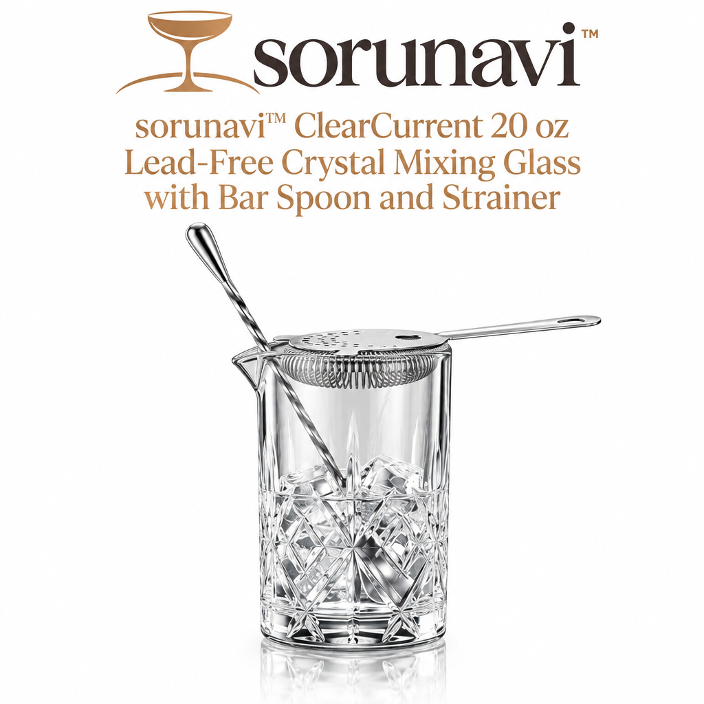 sorunavi™ ClearCurrent 20 oz Lead-Free Crystal Mixing Glass with Bar Spoon and Strainer