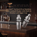 sorunavi™ ArcSeal 24 oz Stainless Steel Cocktail Shaker with Built-In Strainer and Jigger Cap