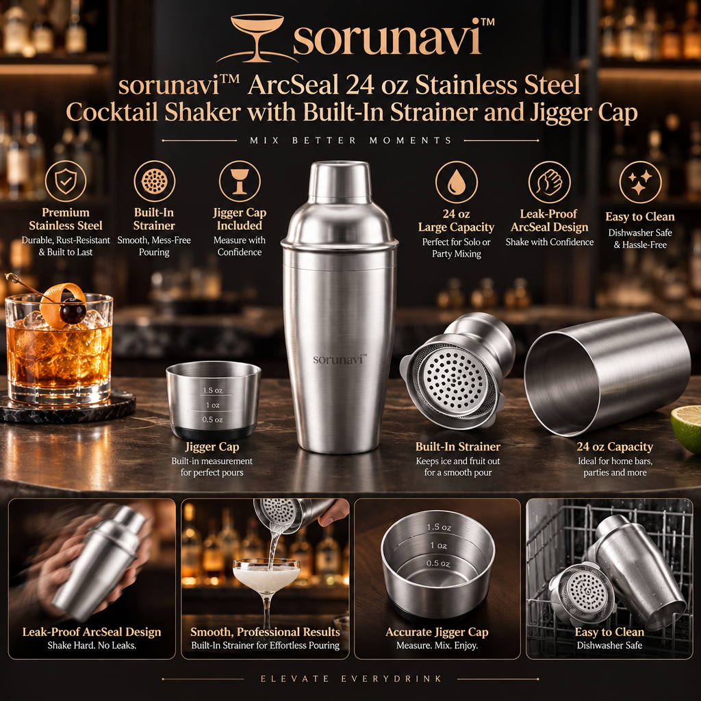 sorunavi™ ArcSeal 24 oz Stainless Steel Cocktail Shaker with Built-In Strainer and Jigger Cap