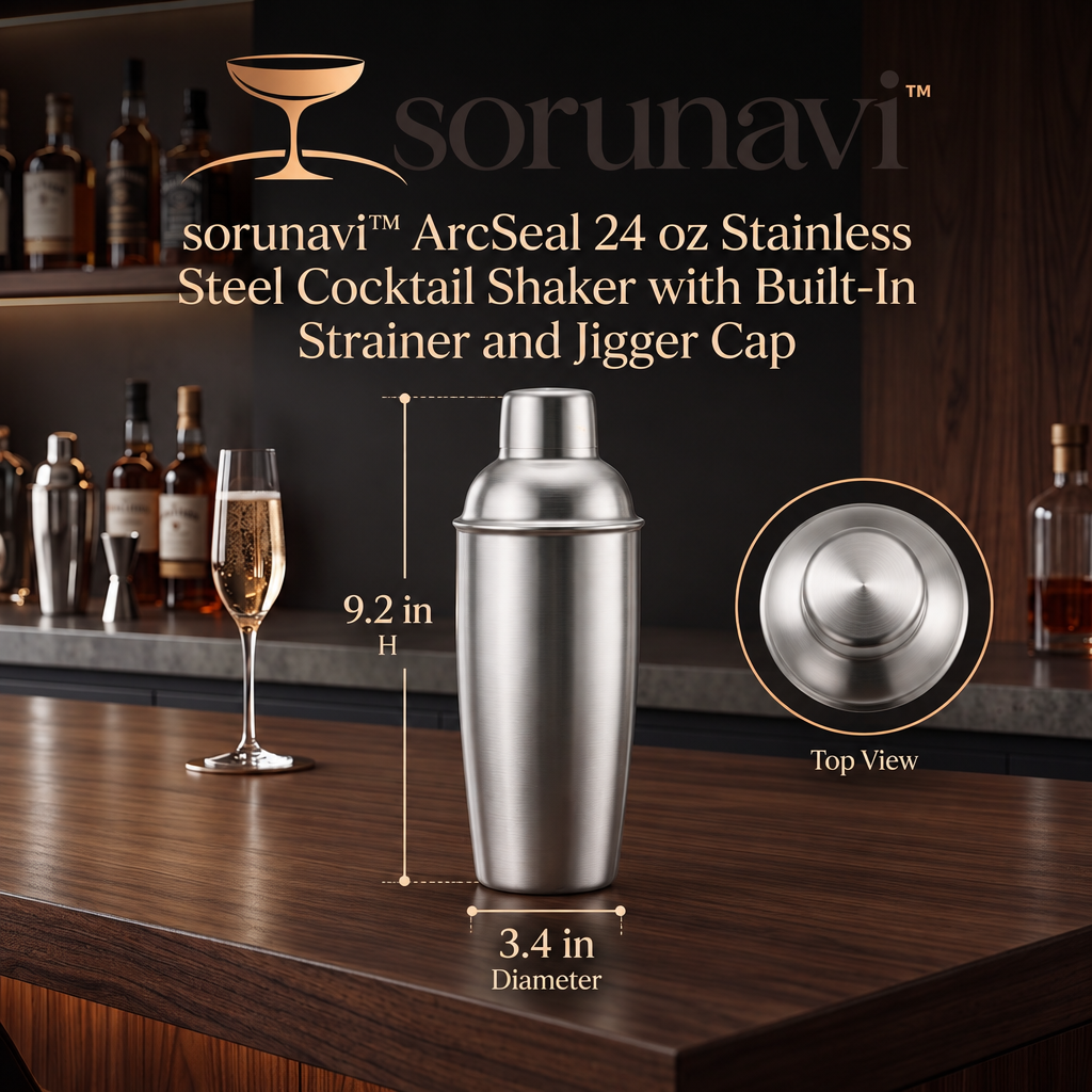 sorunavi™ ArcSeal 24 oz Stainless Steel Cocktail Shaker with Built-In Strainer and Jigger Cap