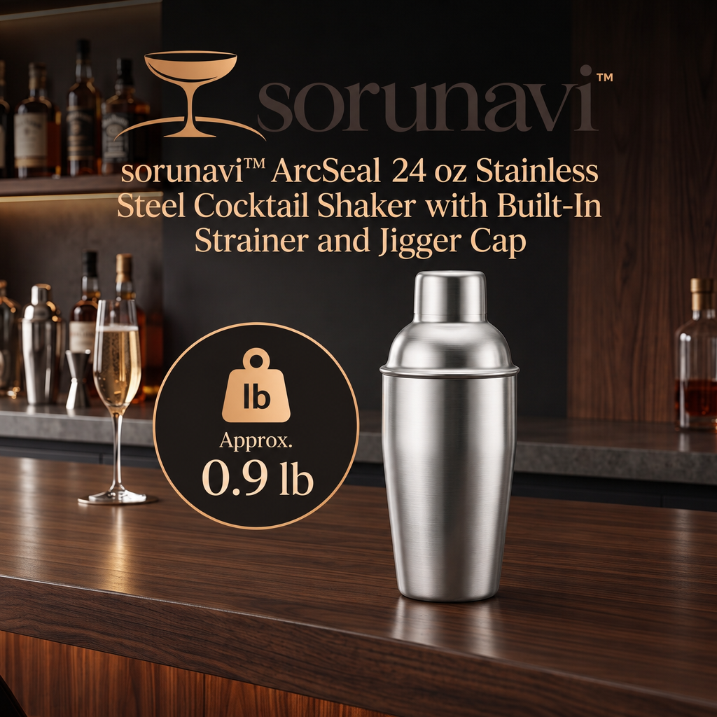 sorunavi™ ArcSeal 24 oz Stainless Steel Cocktail Shaker with Built-In Strainer and Jigger Cap