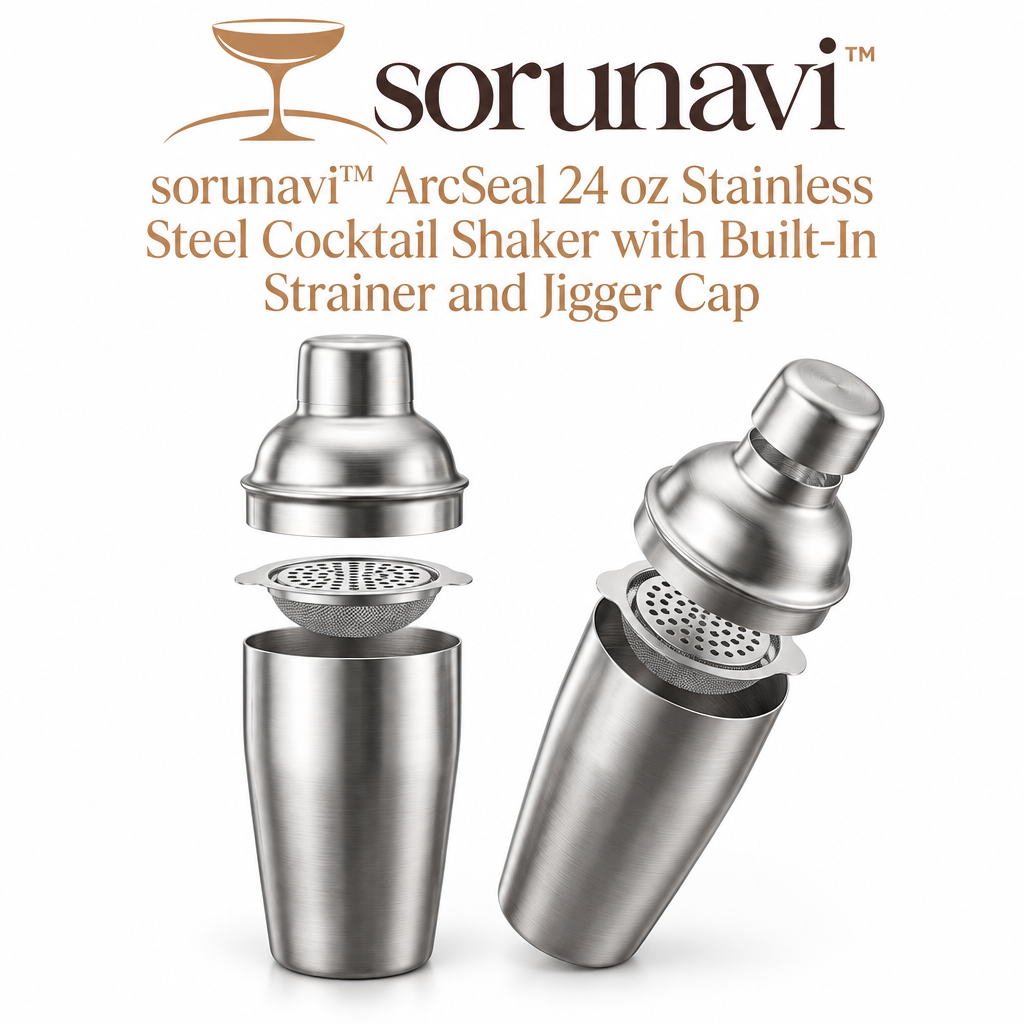 sorunavi™ ArcSeal 24 oz Stainless Steel Cocktail Shaker with Built-In Strainer and Jigger Cap