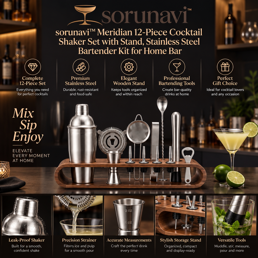 sorunavi™ Meridian 12-Piece Cocktail Shaker Set with Stand, Stainless Steel Bartender Kit for Home Bar