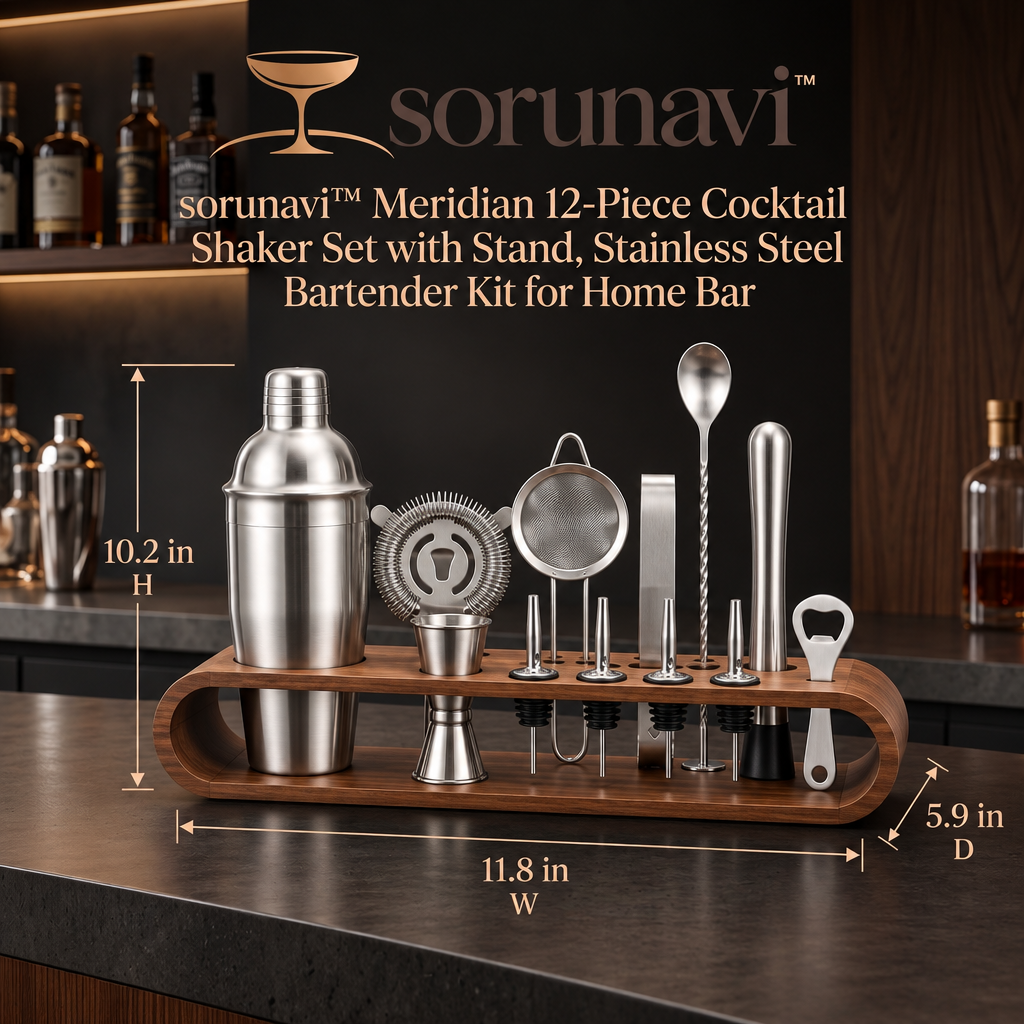 sorunavi™ Meridian 12-Piece Cocktail Shaker Set with Stand, Stainless Steel Bartender Kit for Home Bar