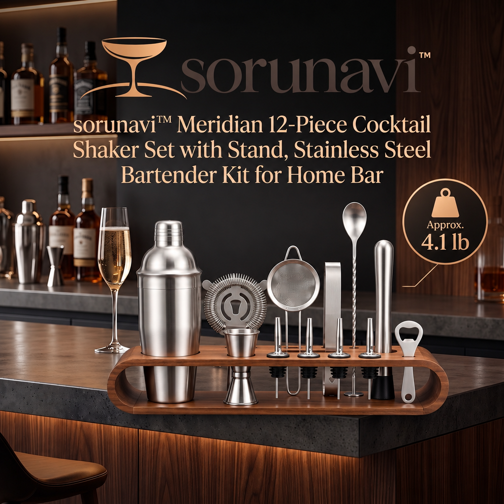 sorunavi™ Meridian 12-Piece Cocktail Shaker Set with Stand, Stainless Steel Bartender Kit for Home Bar
