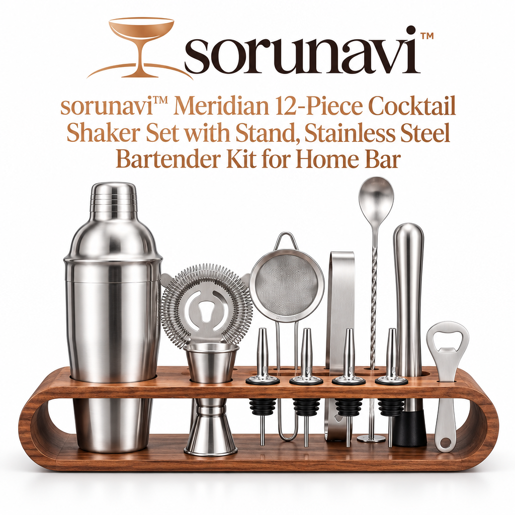 sorunavi™ Meridian 12-Piece Cocktail Shaker Set with Stand, Stainless Steel Bartender Kit for Home Bar