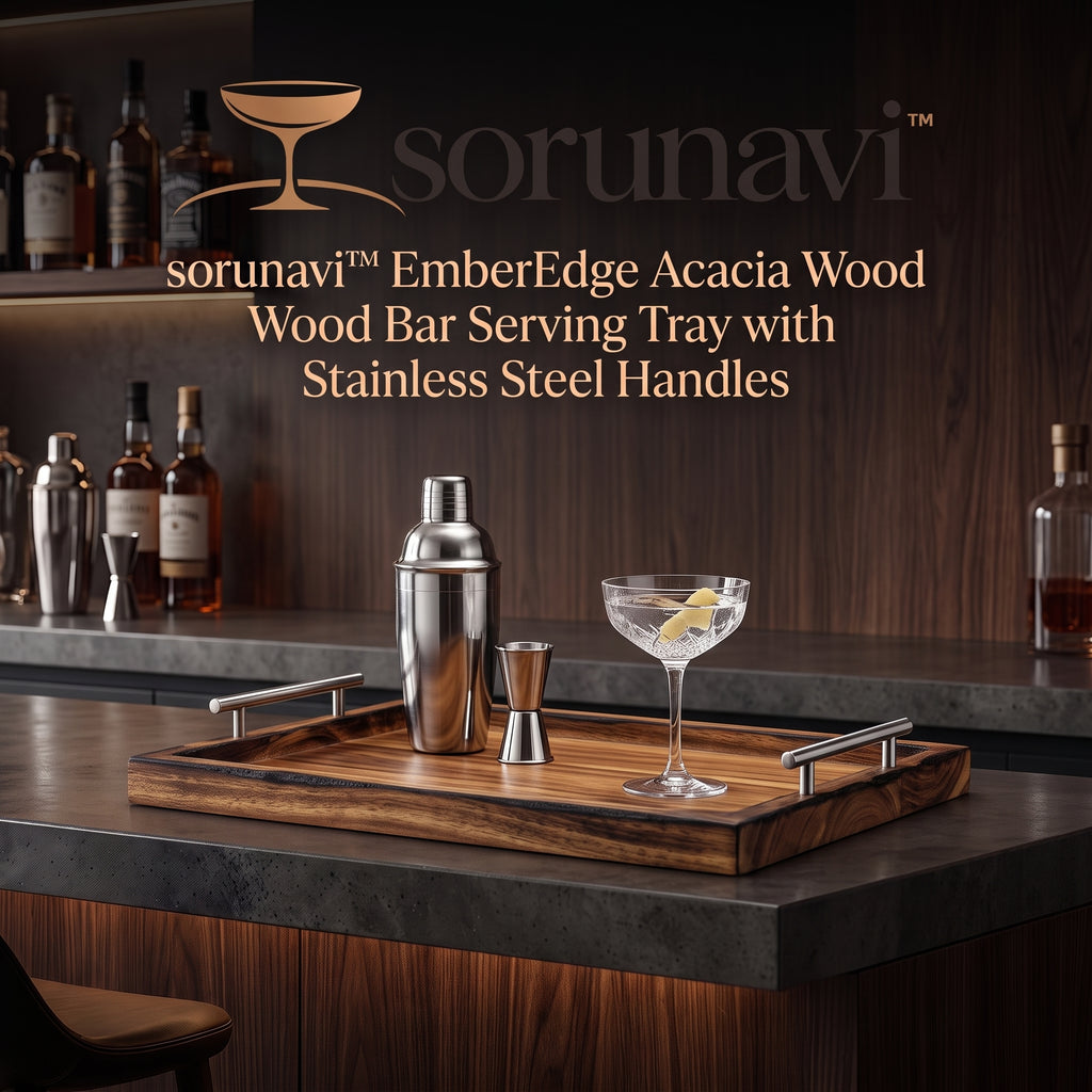 sorunavi™ EmberEdge Acacia Wood Bar Serving Tray with Stainless Steel Handles