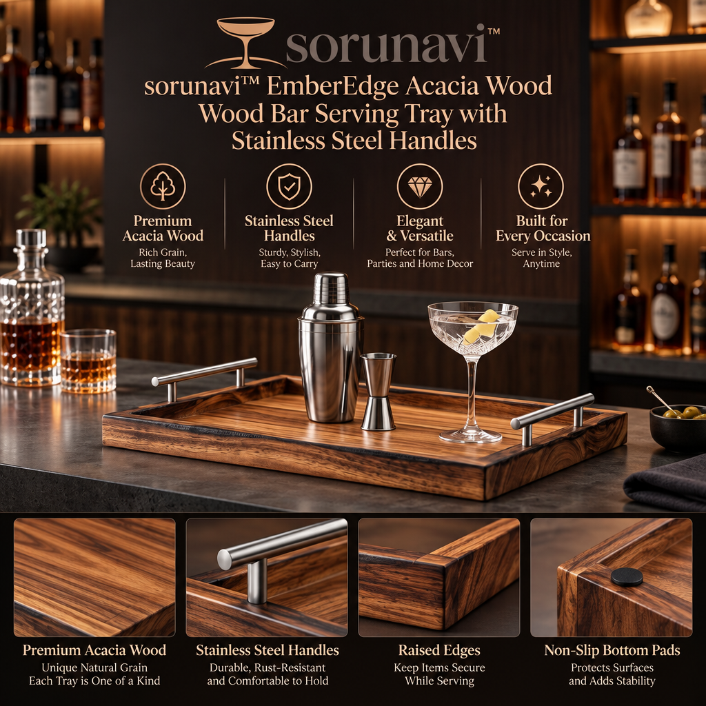 sorunavi™ EmberEdge Acacia Wood Bar Serving Tray with Stainless Steel Handles