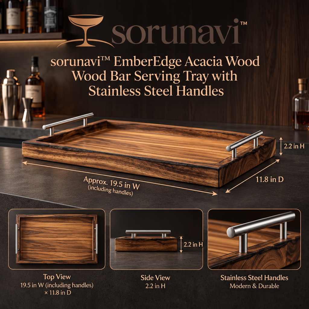 sorunavi™ EmberEdge Acacia Wood Bar Serving Tray with Stainless Steel Handles