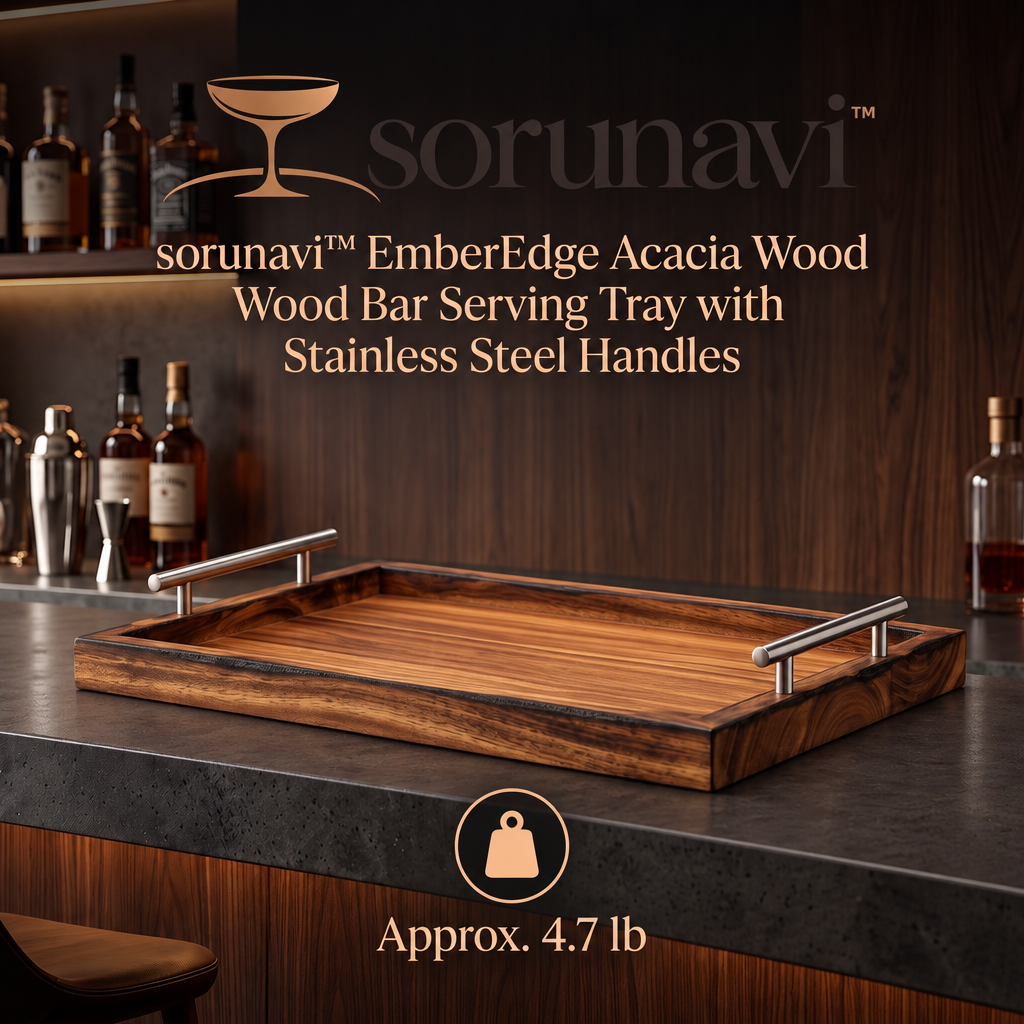 sorunavi™ EmberEdge Acacia Wood Bar Serving Tray with Stainless Steel Handles