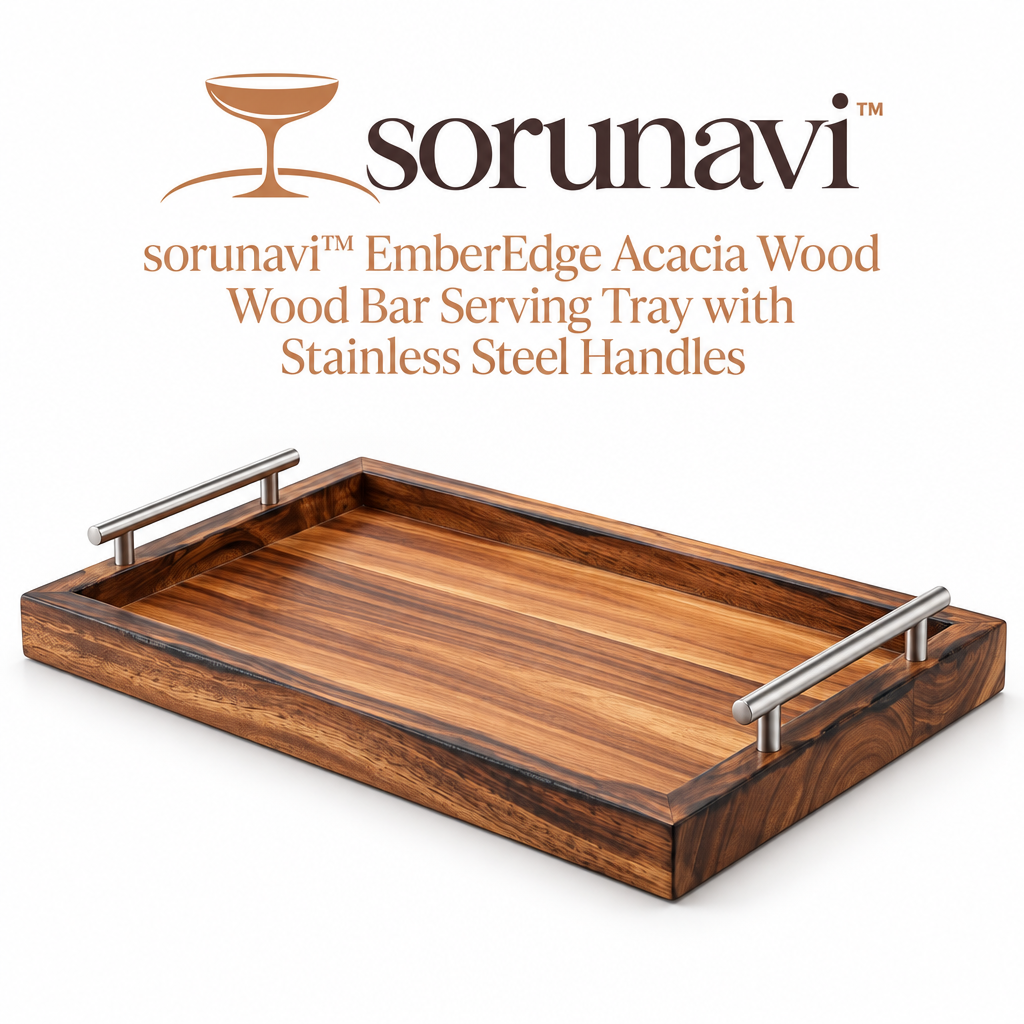 sorunavi™ EmberEdge Acacia Wood Bar Serving Tray with Stainless Steel Handles