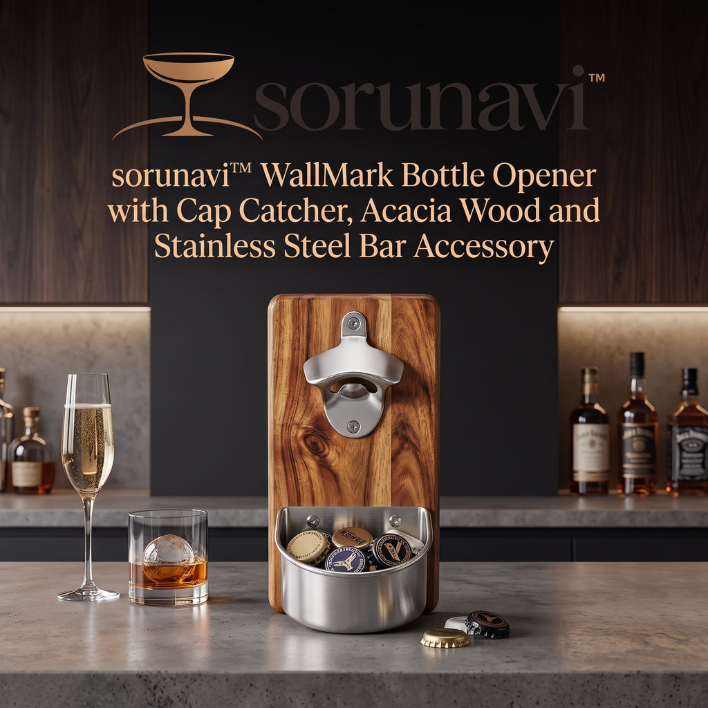 sorunavi™ WallMark Bottle Opener with Cap Catcher, Acacia Wood and Stainless Steel Bar Accessory