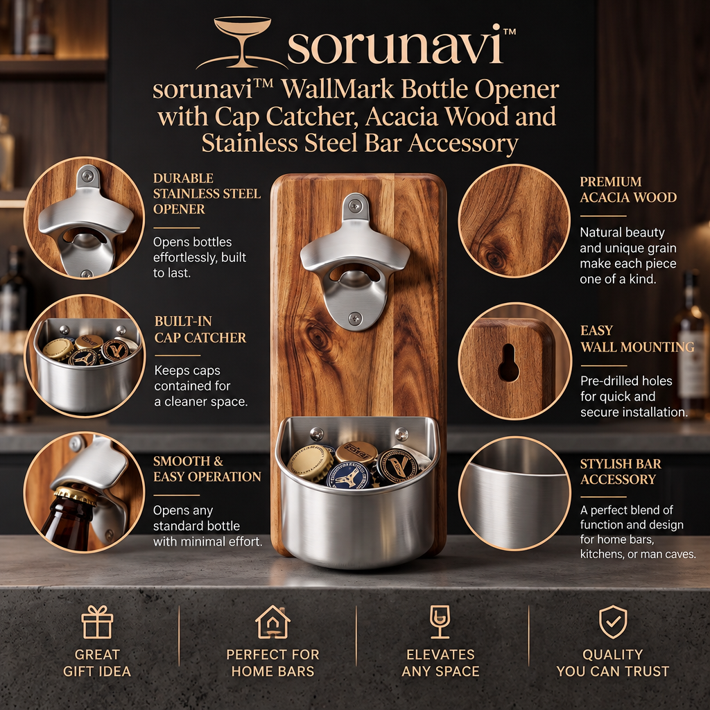 sorunavi™ WallMark Bottle Opener with Cap Catcher, Acacia Wood and Stainless Steel Bar Accessory