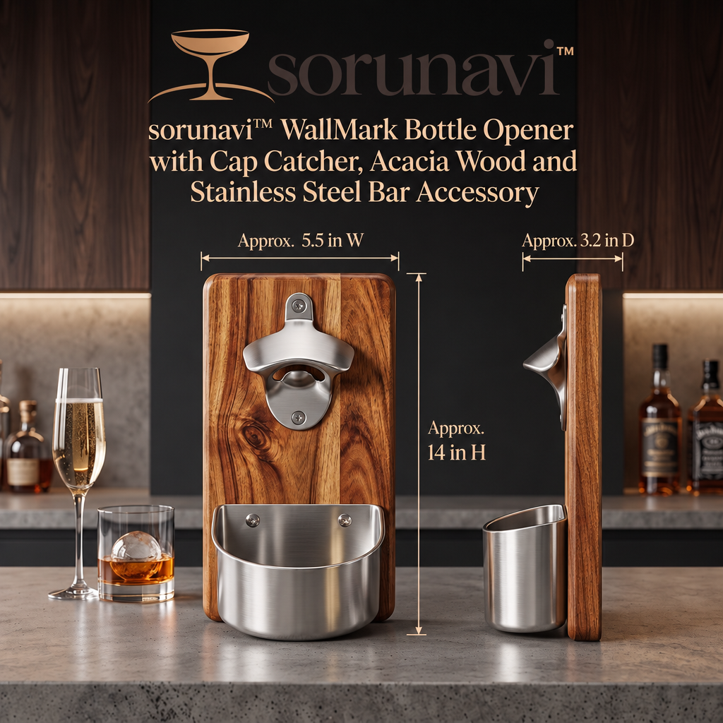 sorunavi™ WallMark Bottle Opener with Cap Catcher, Acacia Wood and Stainless Steel Bar Accessory