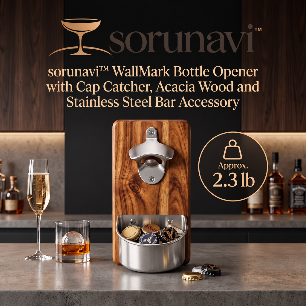 sorunavi™ WallMark Bottle Opener with Cap Catcher, Acacia Wood and Stainless Steel Bar Accessory
