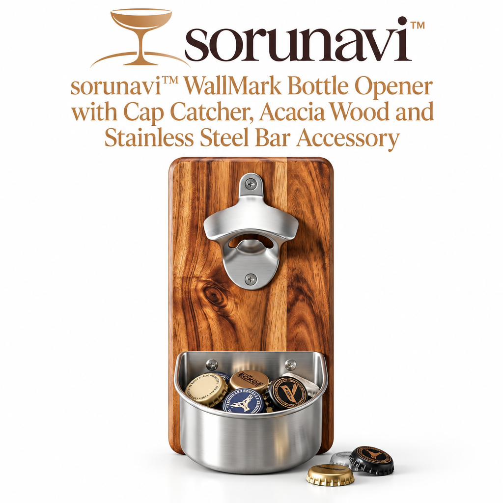 sorunavi™ WallMark Bottle Opener with Cap Catcher, Acacia Wood and Stainless Steel Bar Accessory