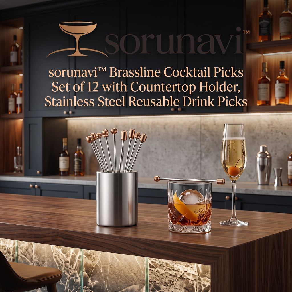 sorunavi™ Brassline Cocktail Picks Set of 12 with Countertop Holder, Stainless Steel Reusable Drink Picks