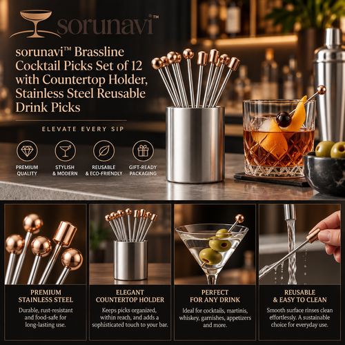 sorunavi™ Brassline Cocktail Picks Set of 12 with Countertop Holder, Stainless Steel Reusable Drink Picks