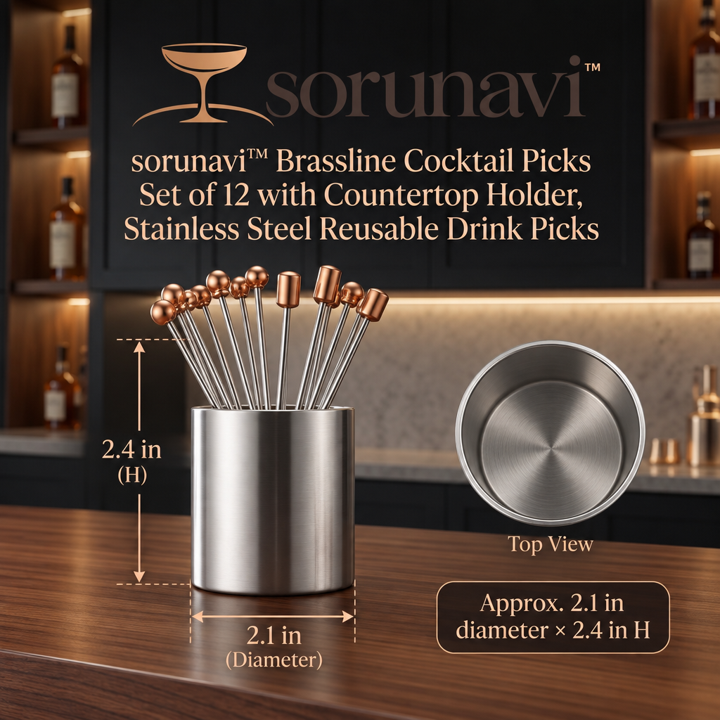 sorunavi™ Brassline Cocktail Picks Set of 12 with Countertop Holder, Stainless Steel Reusable Drink Picks
