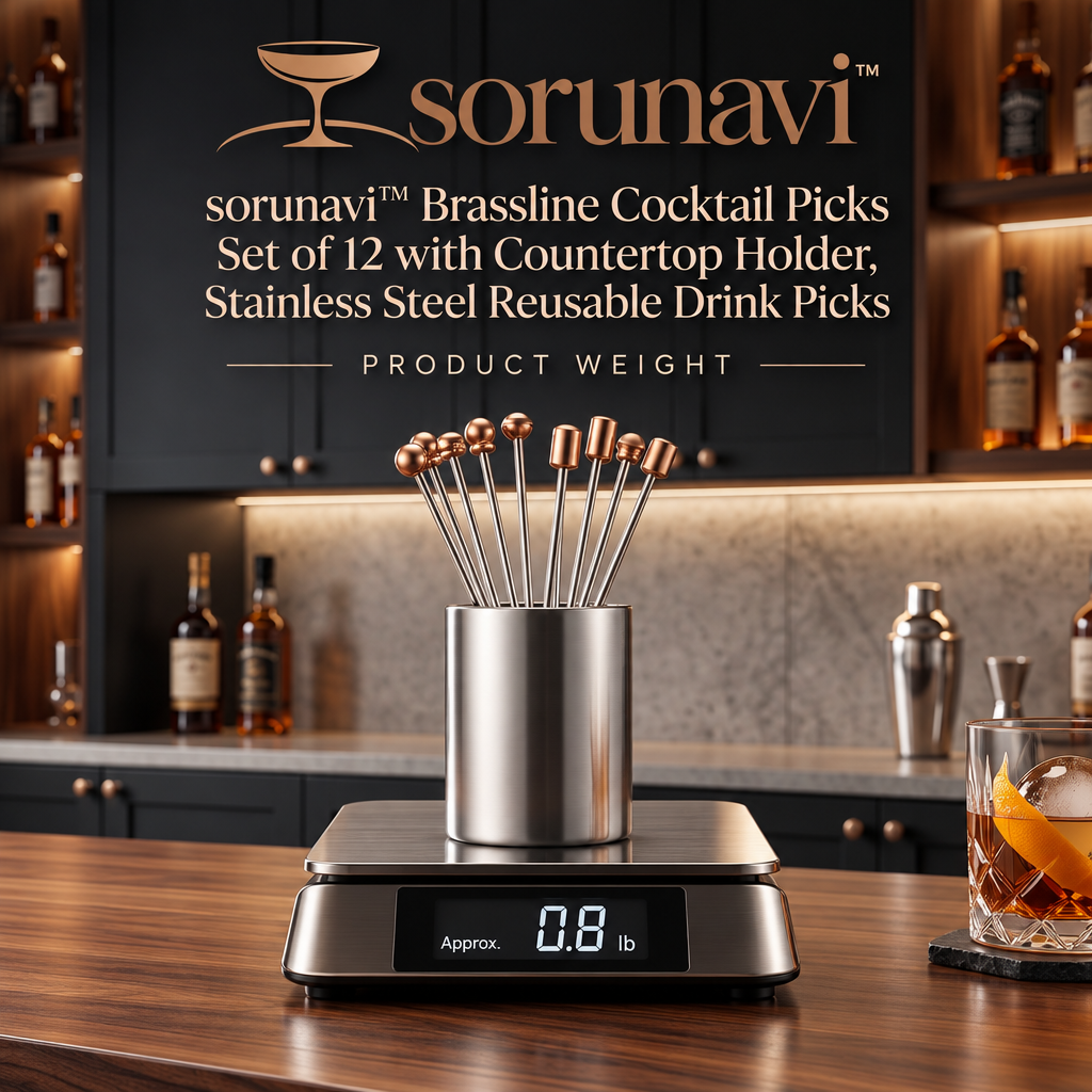 sorunavi™ Brassline Cocktail Picks Set of 12 with Countertop Holder, Stainless Steel Reusable Drink Picks