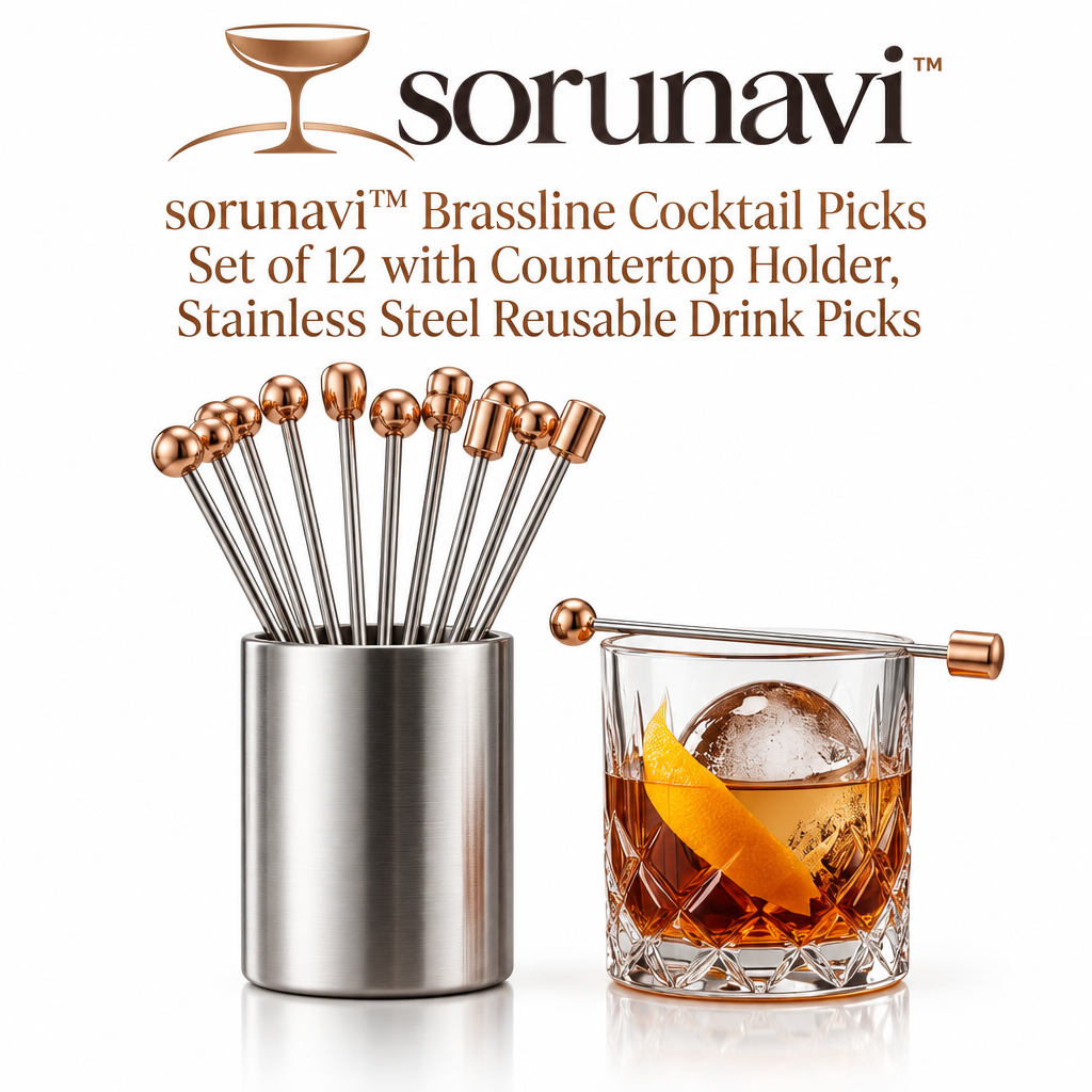 sorunavi™ Brassline Cocktail Picks Set of 12 with Countertop Holder, Stainless Steel Reusable Drink Picks