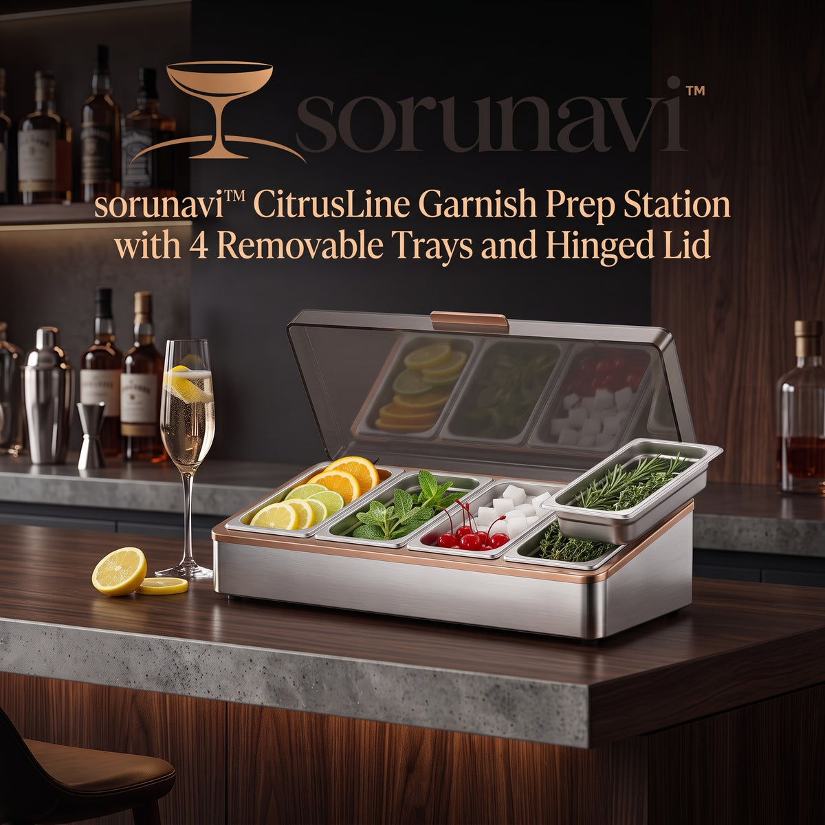 sorunavi™ CitrusLine Garnish Prep Station with 4 Removable Trays and Hinged Lid