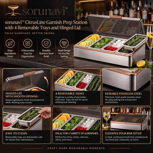 sorunavi™ CitrusLine Garnish Prep Station with 4 Removable Trays and Hinged Lid