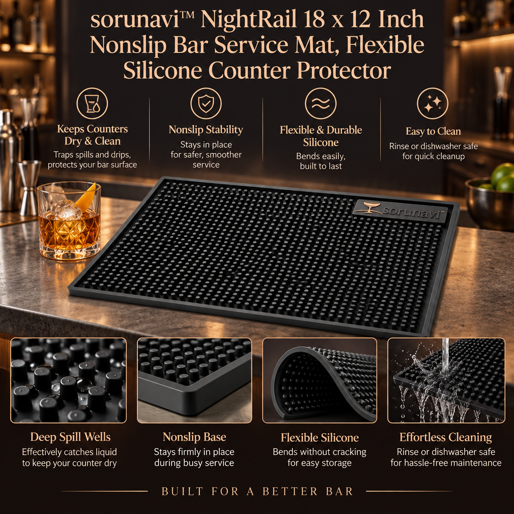 sorunavi™ NightRail 18 × 12 Inch Nonslip Bar Service Mat, Flexible Silicone Counter Protector