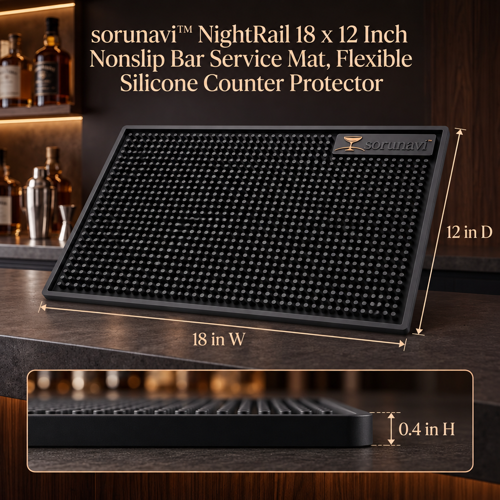 sorunavi™ NightRail 18 × 12 Inch Nonslip Bar Service Mat, Flexible Silicone Counter Protector