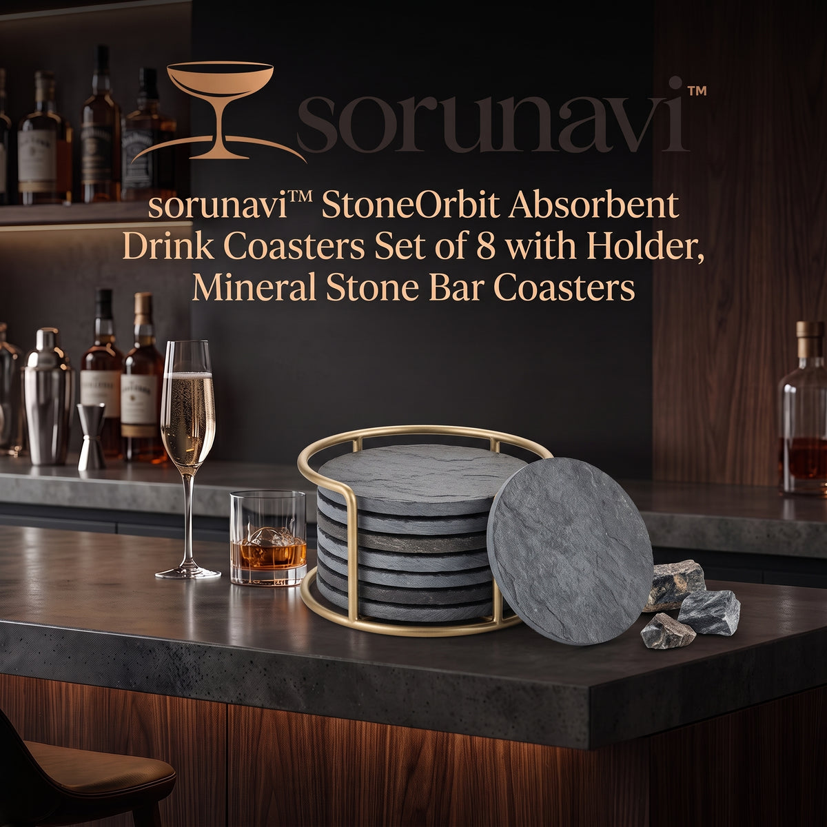 sorunavi™ StoneOrbit Absorbent Drink Coasters Set of 8 with Holder, Mineral Stone Bar Coasters