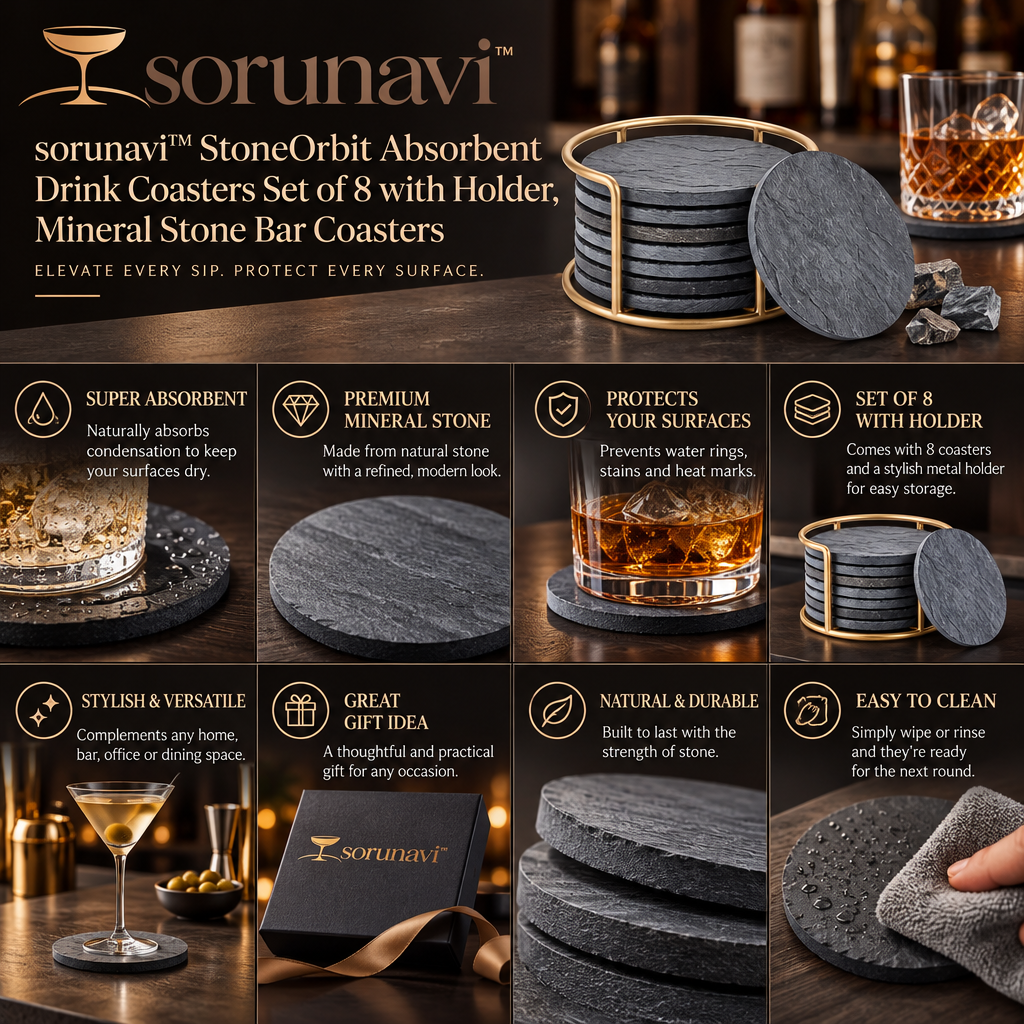 sorunavi™ StoneOrbit Absorbent Drink Coasters Set of 8 with Holder, Mineral Stone Bar Coasters