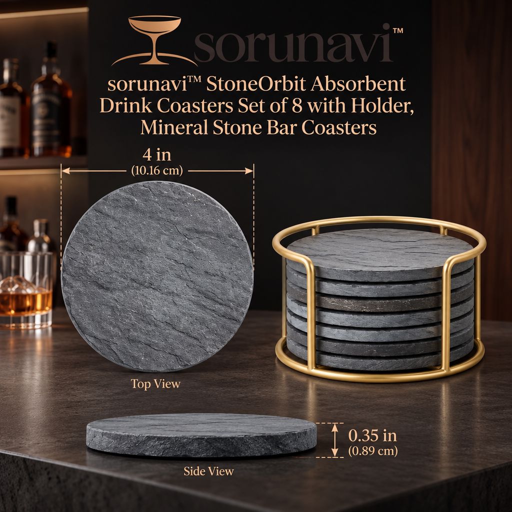 sorunavi™ StoneOrbit Absorbent Drink Coasters Set of 8 with Holder, Mineral Stone Bar Coasters